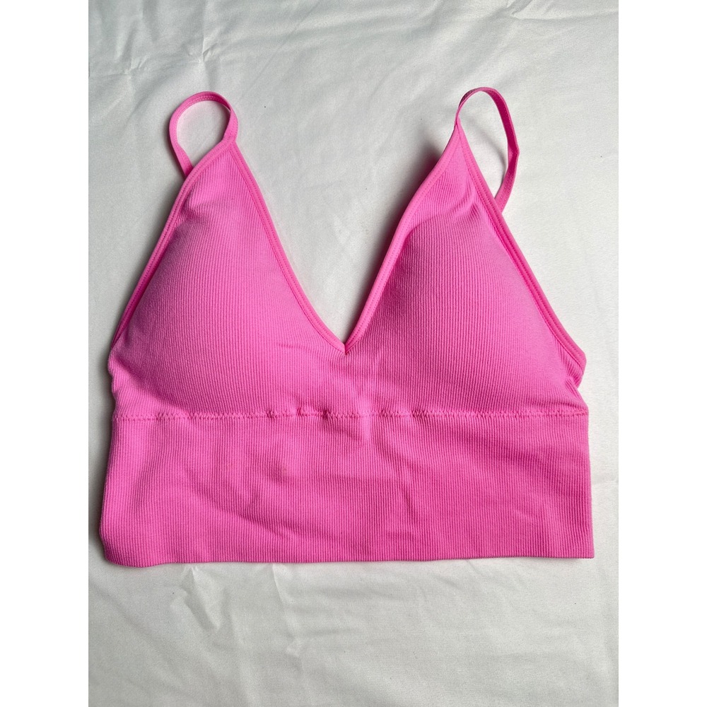 Zenana Ribbed Seamless V-Neck Bralette Candy Pink Cami Crop Top S/M NT-6203A